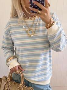 SHEIN EZwear 女款休閒寬鬆條紋運動衫，秋冬女裝 - 白色 - 查看 3