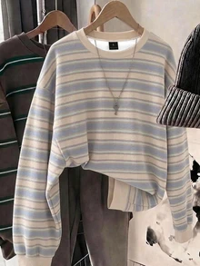 SHEIN EZwear 女款休閒寬鬆條紋運動衫，秋冬女裝 - 白色 - 查看 6