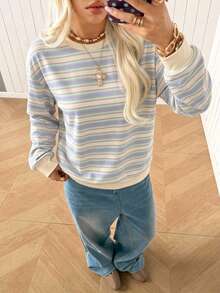 SHEIN EZwear 女款休閒寬鬆條紋運動衫，秋冬女裝 - 白色 - 查看 4