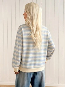 SHEIN EZwear 女款休閒寬鬆條紋運動衫，秋冬女裝 - 白色 - 查看 2