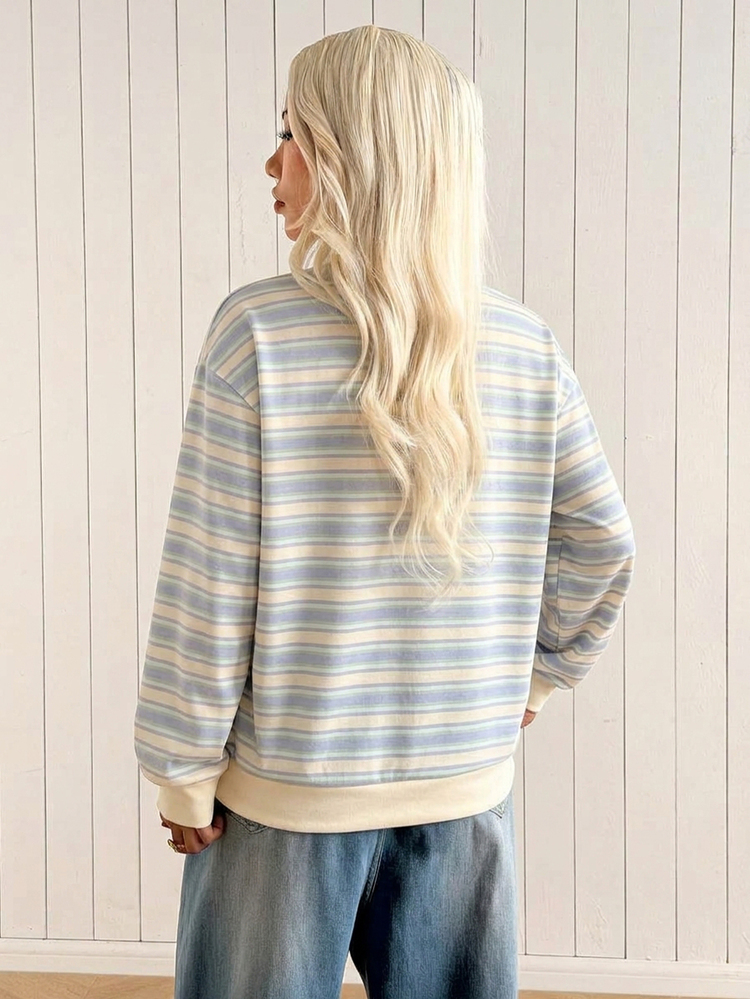 SHEIN EZwear Women's Casual Loose Sweatshirt, Striped Sweatshirt, Women's Autumn/Winter Clothing - White - View 2
