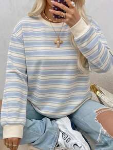 SHEIN EZwear 女款休閒寬鬆條紋運動衫，秋冬女裝 - 白色 - 查看 7