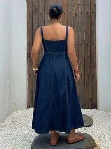 Dazy Plus V领无袖收腰度假风开襟牛仔修身大码女式春夏牛仔连衣裙 - 深色水洗藍 - 查看 2