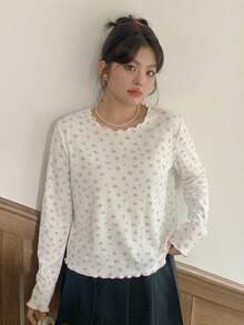 Dazy Plus Plus Size White Round Neck Fitted Long Sleeve T-Shirt With Floral Patchwork And Contrast Color Summer Graphic Tees Women Cute Tops - Pink - View 1