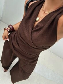 Dazy Plus 大尺碼休閒優雅無袖裹身襯衫與直筒長褲兩件套，棕色，趣味，通勤，度假夏季 - 棕色 - 查看 5