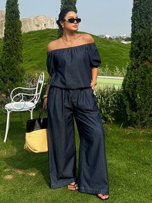 Dazy Plus Western Cowgirl Street Style Off Shoulder Top And Loose Wide-Leg Pants Vacation Set, Plus Size For Spring/Summer - Dark Wash - View 5