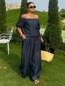 Dazy Plus Western Cowgirl Street Style Off Shoulder Top And Loose Wide-Leg Pants Vacation Set, Plus Size For Spring/Summer - Dark Wash - View 4