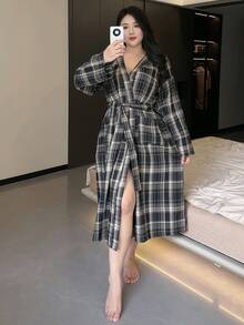 Dazy Plus Jubah Longgar Sederhana Motif Kotak-kotak, Pakaian Tidur Ukuran Besar, Untuk Musim Gugur & Musim Dingin, Pakaian Nyaman - Navy Blue - View 1