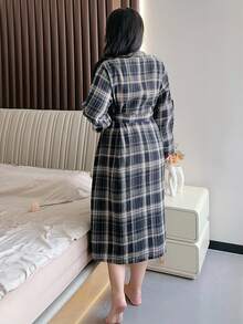 Dazy Plus Jubah Longgar Sederhana Motif Kotak-kotak, Pakaian Tidur Ukuran Besar, Untuk Musim Gugur & Musim Dingin, Pakaian Nyaman - Navy Blue - View 2