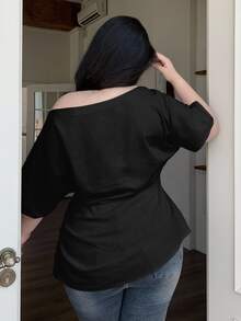 Dazy Plus Plus Size Women Off Shoulder Solid Color Cinched Waist Pullover Shirt School - Black - View 4