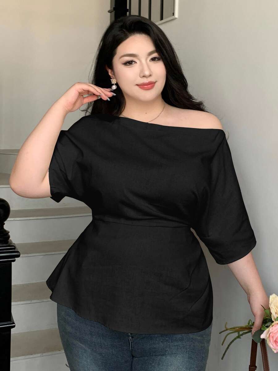 Dazy Plus Plus Size Women Off Shoulder Solid Color Cinched Waist Pullover Shirt School - Black - View 1