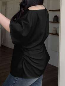 Dazy Plus Plus Size Women Off Shoulder Solid Color Cinched Waist Pullover Shirt School - Black - View 2