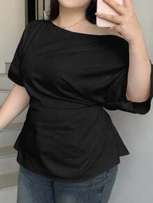 Dazy Plus Plus Size Women Off Shoulder Solid Color Cinched Waist Pullover Shirt School - Black - View 5