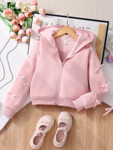 SHEIN Tween Girls Fleece Zip Up Long Sleeve Light Pink Winter Cute Kawaii School Career Day Jacket Coat Solid Color Fashion Bow Decor Sweatshirt Thermal... - Pink - View 9