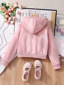 SHEIN Tween Girls Fleece Zip Up Long Sleeve Light Pink Winter Cute Kawaii School Career Day Jacket Coat Solid Color Fashion Bow Decor Sweatshirt Thermal... - Pink - View 10