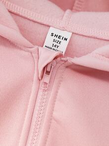 SHEIN Tween Girls Fleece Zip Up Long Sleeve Light Pink Winter Cute Kawaii School Career Day Jacket Coat Solid Color Fashion Bow Decor Sweatshirt Thermal... - Pink - View 5