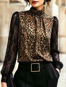 SHEIN 女款優雅蕾絲拼接豹紋印花襯衫，通勤商務辦公專業穿搭，派對適用 - 彩色 - 查看 3