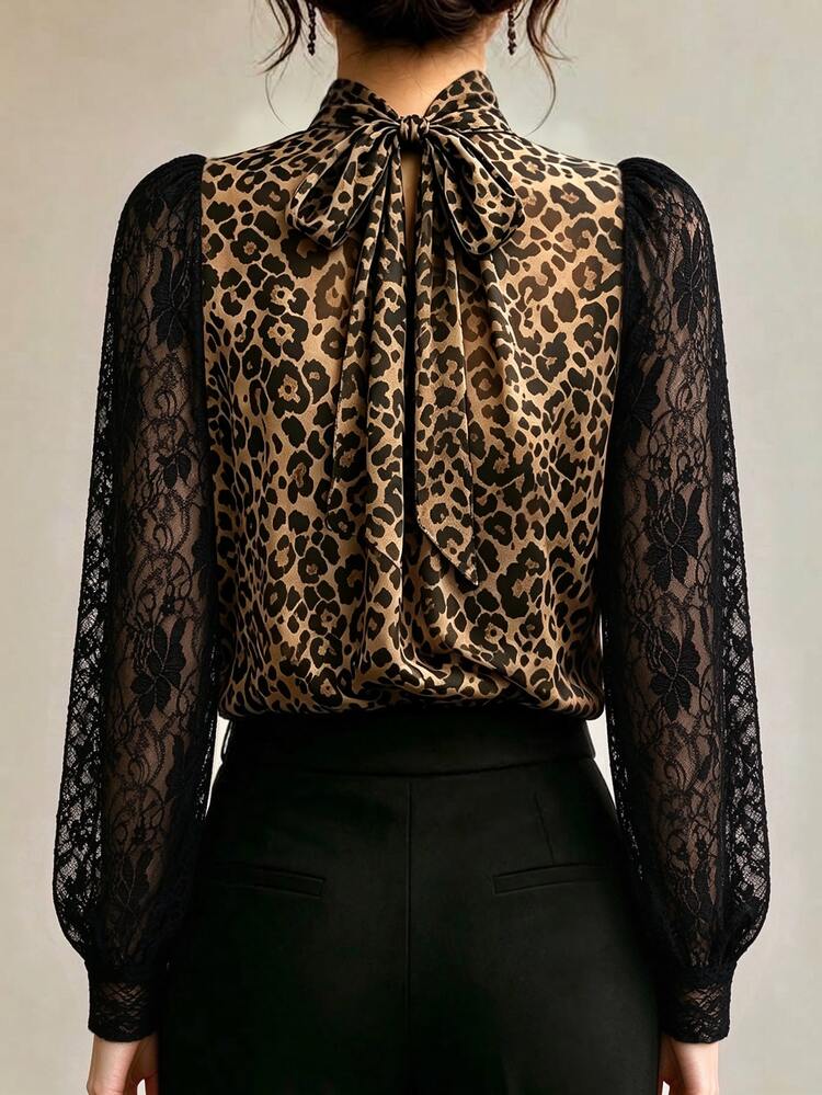 SHEIN Elegant Lace Patchwork Leopard Print Blouse For Women, Commuter Business Office Professional Wear, Party - Multicolor - View 2
