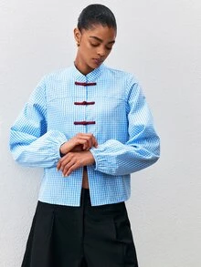 ATUI Studio Women's Fashion Commuter Stand Collar Plaid Single-Breasted Contrast Color Button Shirt - Blue - View 5