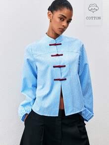 ATUI Studio Women's Fashion Commuter Stand Collar Plaid Single-Breasted Contrast Color Button Shirt - Blue - View 1