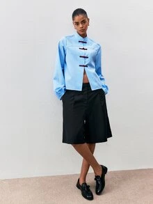 ATUI Studio Women's Fashion Commuter Stand Collar Plaid Single-Breasted Contrast Color Button Shirt - Blue - View 2