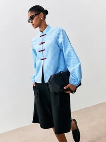 ATUI Studio Women's Fashion Commuter Stand Collar Plaid Single-Breasted Contrast Color Button Shirt - Blue - View 6