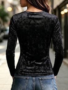 LUMIGAL Women's Comfortable Casual Textured Fabric Contrast Mesh Draped Round Neck Long Sleeve T-Shirt, Autumn - Black - View 2