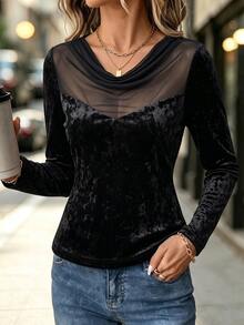 LUMIGAL Women's Comfortable Casual Textured Fabric Contrast Mesh Draped Round Neck Long Sleeve T-Shirt, Autumn - Black - View 5