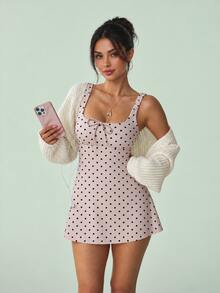 SHEIN Sovereign Charm Women's Polka Dot Spaghetti Strap Sports Dress - Khaki - View 1