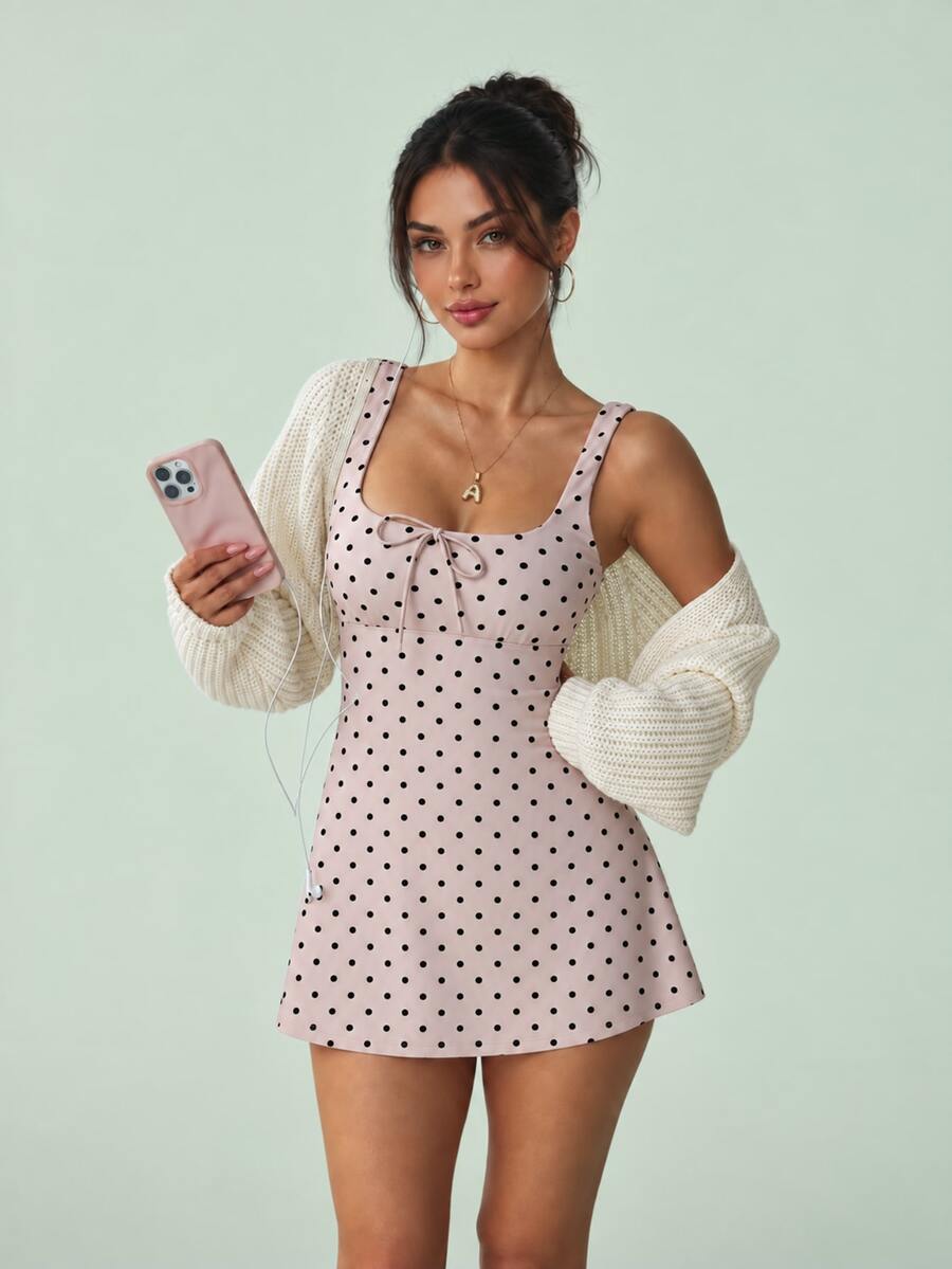 SHEIN Sovereign Charm Women's Polka Dot Spaghetti Strap Sports Dress - Khaki - View 1