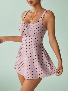 SHEIN Sovereign Charm Women's Polka Dot Spaghetti Strap Sports Dress - Khaki - View 4