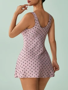 SHEIN Sovereign Charm Women's Polka Dot Spaghetti Strap Sports Dress - Khaki - View 5