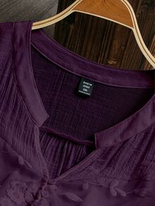 SHEIN LUNE Plus Size Women's Embroidered Notch V-Neck Rolled Sleeve Casual Shirt Fall - Purple - View 3
