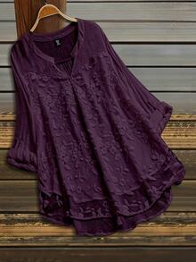 SHEIN LUNE Plus Size Women's Embroidered Notch V-Neck Rolled Sleeve Casual Shirt Fall - Purple - View 1