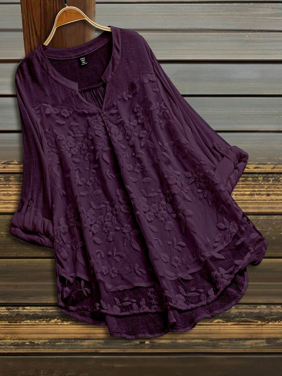 SHEIN LUNE Plus Size Women's Embroidered Notch V-Neck Rolled Sleeve Casual Shirt Fall - Purple - View 1
