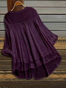 SHEIN LUNE Plus Size Women's Embroidered Notch V-Neck Rolled Sleeve Casual Shirt Fall - Purple - View 2