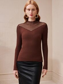 Arave Women's Top Slim Fit Ribbed Knit Sheer Mesh Mesh Splicing Neckline Beaded Mock Neck Long Sleeve Elegant Brown Solid Fall Clothes For Women Christmas - Coffee Brown - View 9