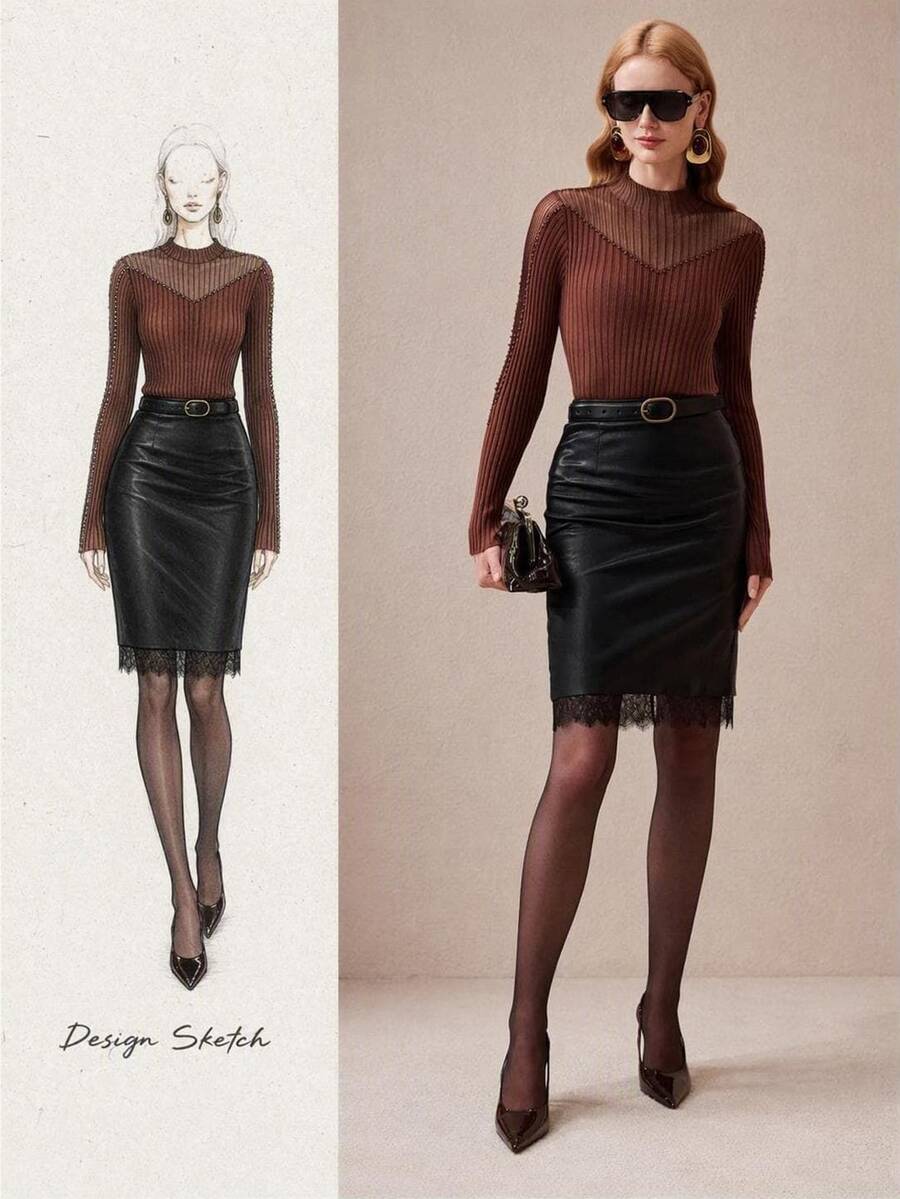 Arave Women's Top Slim Fit Ribbed Knit Sheer Mesh Mesh Splicing Neckline Beaded Mock Neck Long Sleeve Elegant Brown Solid Fall Clothes For Women Christmas - Coffee Brown - View 1