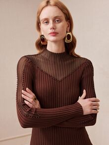 Arave Women's Top Slim Fit Ribbed Knit Sheer Mesh Mesh Splicing Neckline Beaded Mock Neck Long Sleeve Elegant Brown Solid Fall Clothes For Women Christmas - Coffee Brown - View 4