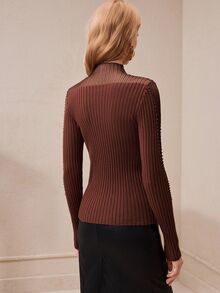 Arave Women's Top Slim Fit Ribbed Knit Sheer Mesh Mesh Splicing Neckline Beaded Mock Neck Long Sleeve Elegant Brown Solid Fall Clothes For Women Christmas - Coffee Brown - View 7