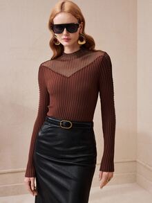 Arave Women's Top Slim Fit Ribbed Knit Sheer Mesh Mesh Splicing Neckline Beaded Mock Neck Long Sleeve Elegant Brown Solid Fall Clothes For Women Christmas - Coffee Brown - View 6