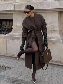 Aloruh Long Sleeve Waist Tie Long Overcoat - Coffee Brown - View 1