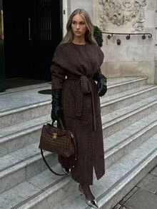 Aloruh Long Sleeve Waist Tie Long Overcoat - Coffee Brown - View 9