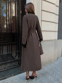 Aloruh Long Sleeve Waist Tie Long Overcoat - Coffee Brown - View 8