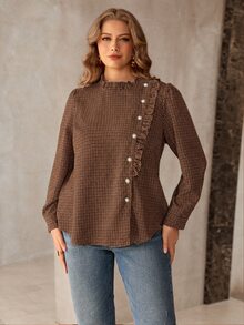 Roveilla Plus Size Vintage Plaid Casual Versatile Ruffle Pearl Button Decor Spring Summer Long Sleeve Women's Blouse - Brown - View 4