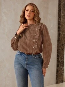 Roveilla Plus Size Vintage Plaid Casual Versatile Ruffle Pearl Button Decor Spring Summer Long Sleeve Women's Blouse - Brown - View 5
