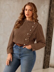 Roveilla Plus Size Vintage Plaid Casual Versatile Ruffle Pearl Button Decor Spring Summer Long Sleeve Women's Blouse - Brown - View 3