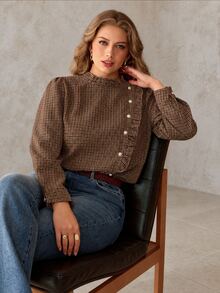 Roveilla Plus Size Vintage Plaid Casual Versatile Ruffle Pearl Button Decor Spring Summer Long Sleeve Women's Blouse - Brown - View 6