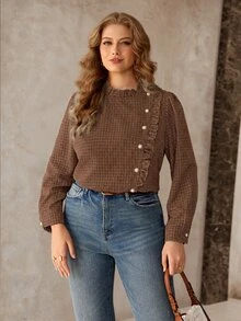 Roveilla Plus Size Vintage Plaid Casual Versatile Ruffle Pearl Button Decor Spring Summer Long Sleeve Women's Blouse - Brown - View 7