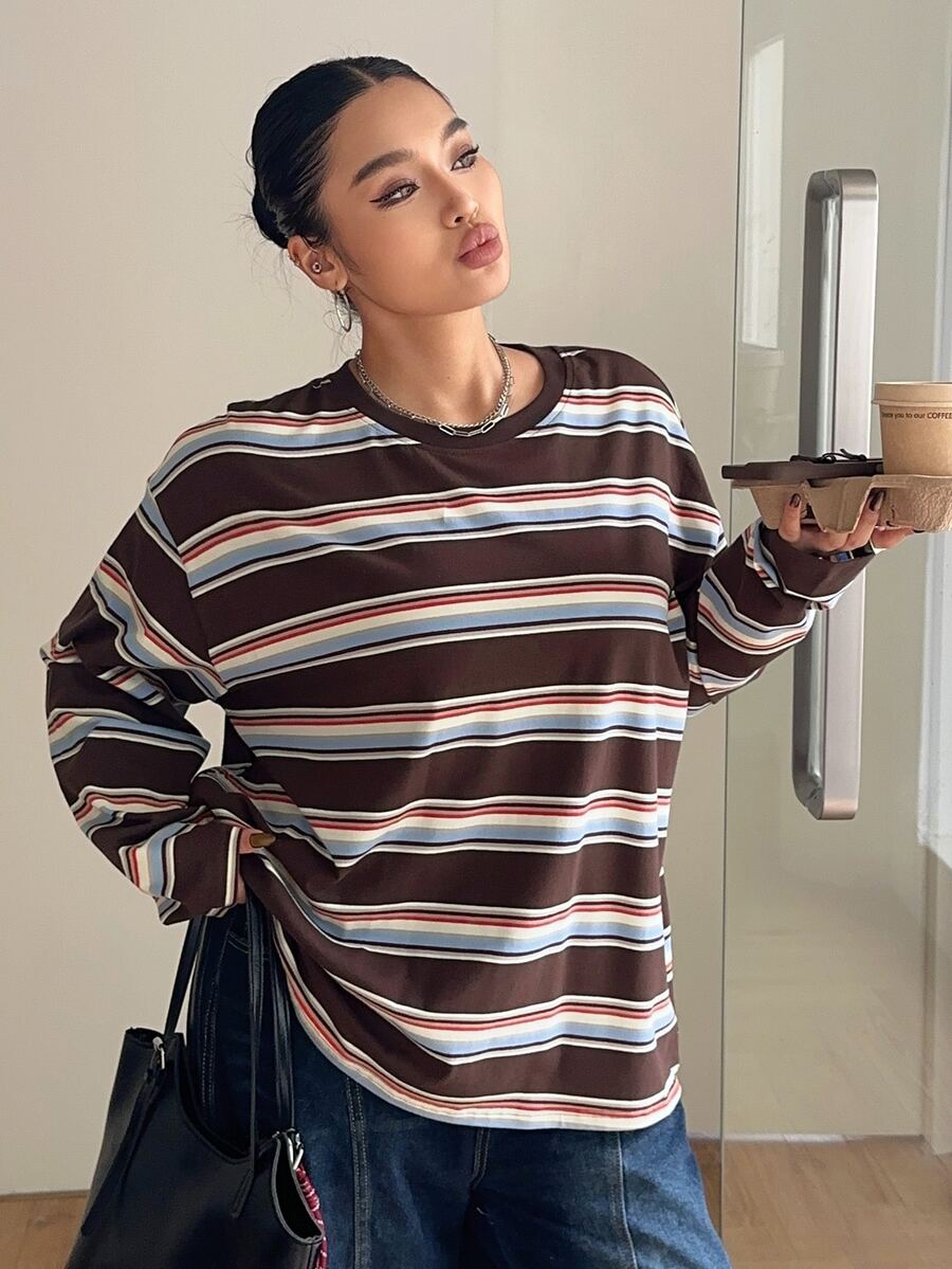 Livesso Curve Casual Loose Fit Round Neck Long Sleeve Striped T-Shirt, Plus Size, Street Style Vacation - Brown - View 1